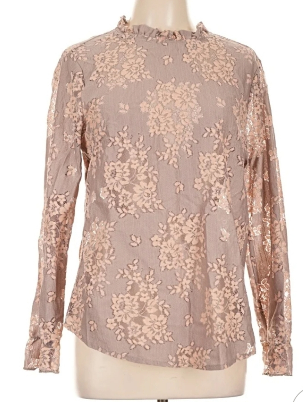 Allegra K Blush Pink Floral Lace Long-Sleeve Blouse